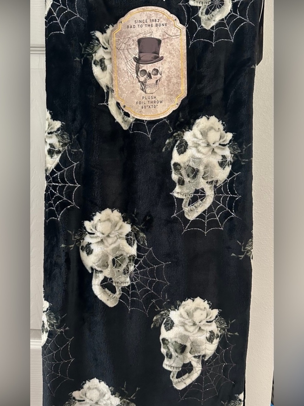 Halloween Skulls Spider Web in Metallic Silver Black Plush Throw Blanket 60 x 70